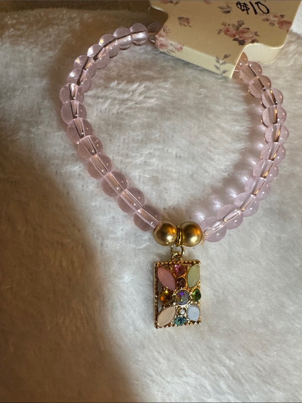 Pink Beaded Charm Bracelet with Multicolor Gem Pendant